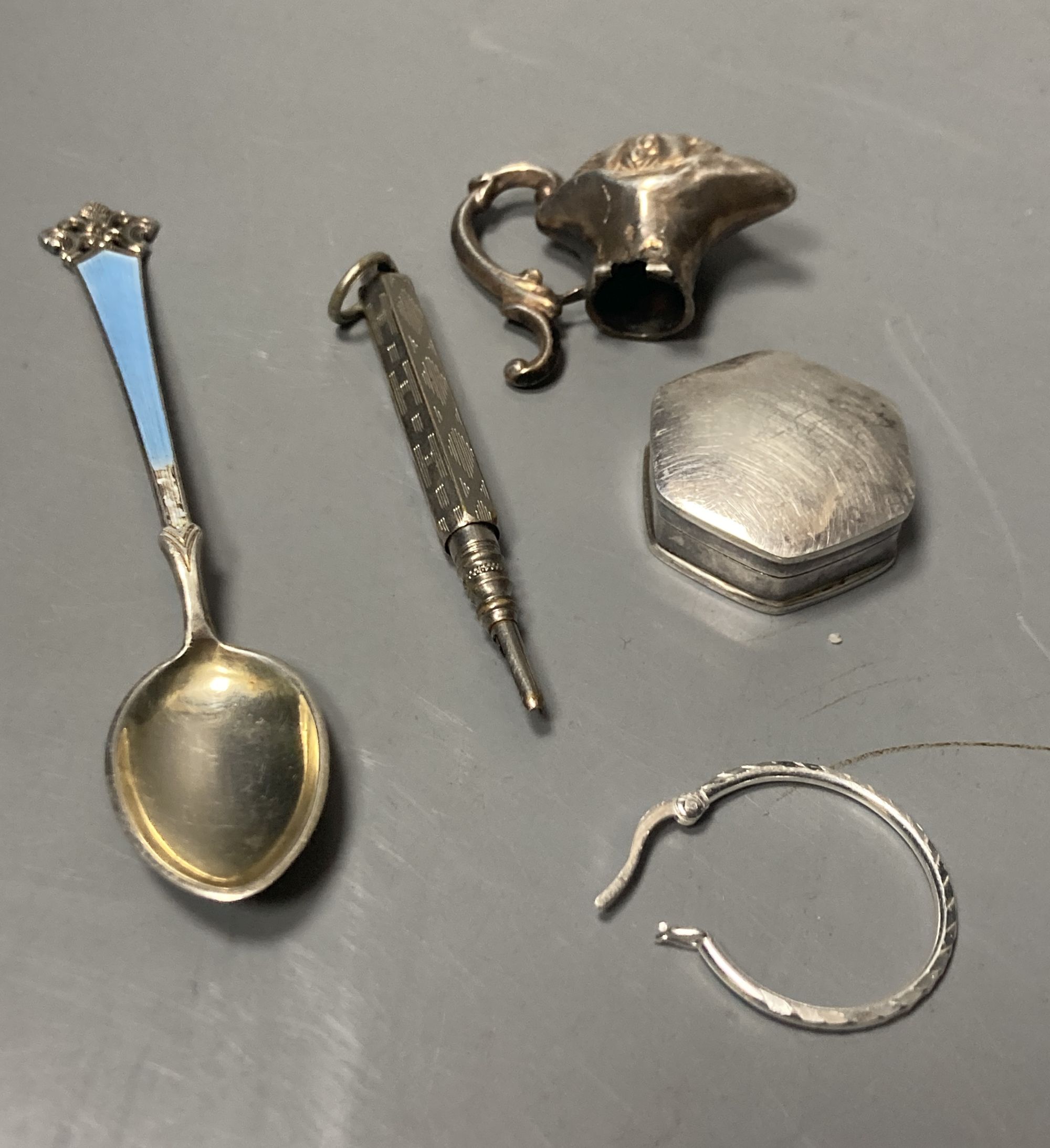 A modern silver hexagonal pill box, a continental 925 and enamel coffee spoon, pencil, lid and 925 key ring.
